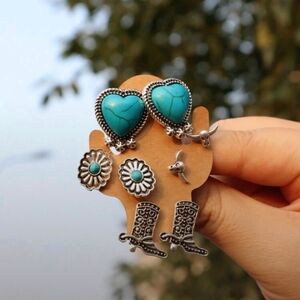 Turquoise Heart and Floral Silver Earring Set